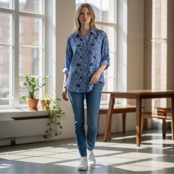 J. Jill Tops - J. Jill Blue and Multi Color Floral Button-Down Shirt